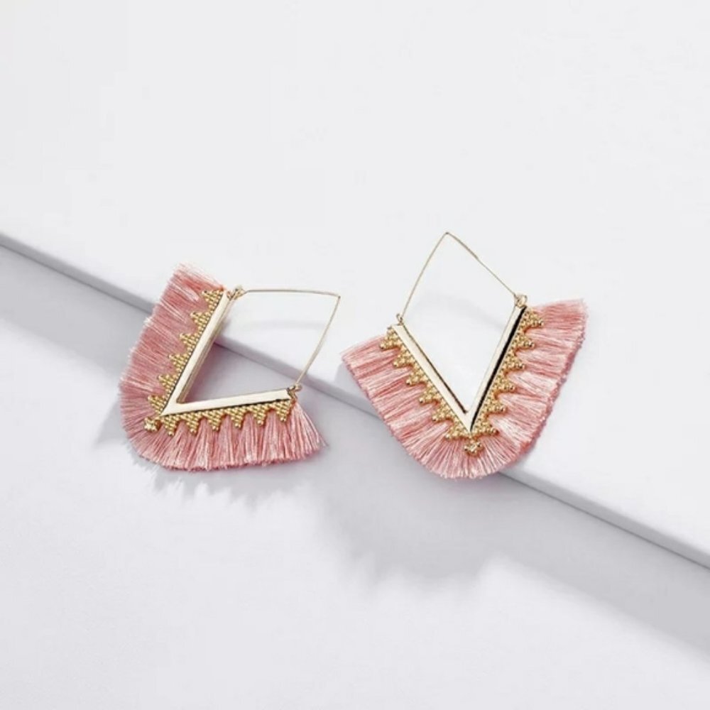 Pink and Gold Fringe Triangle Earrings